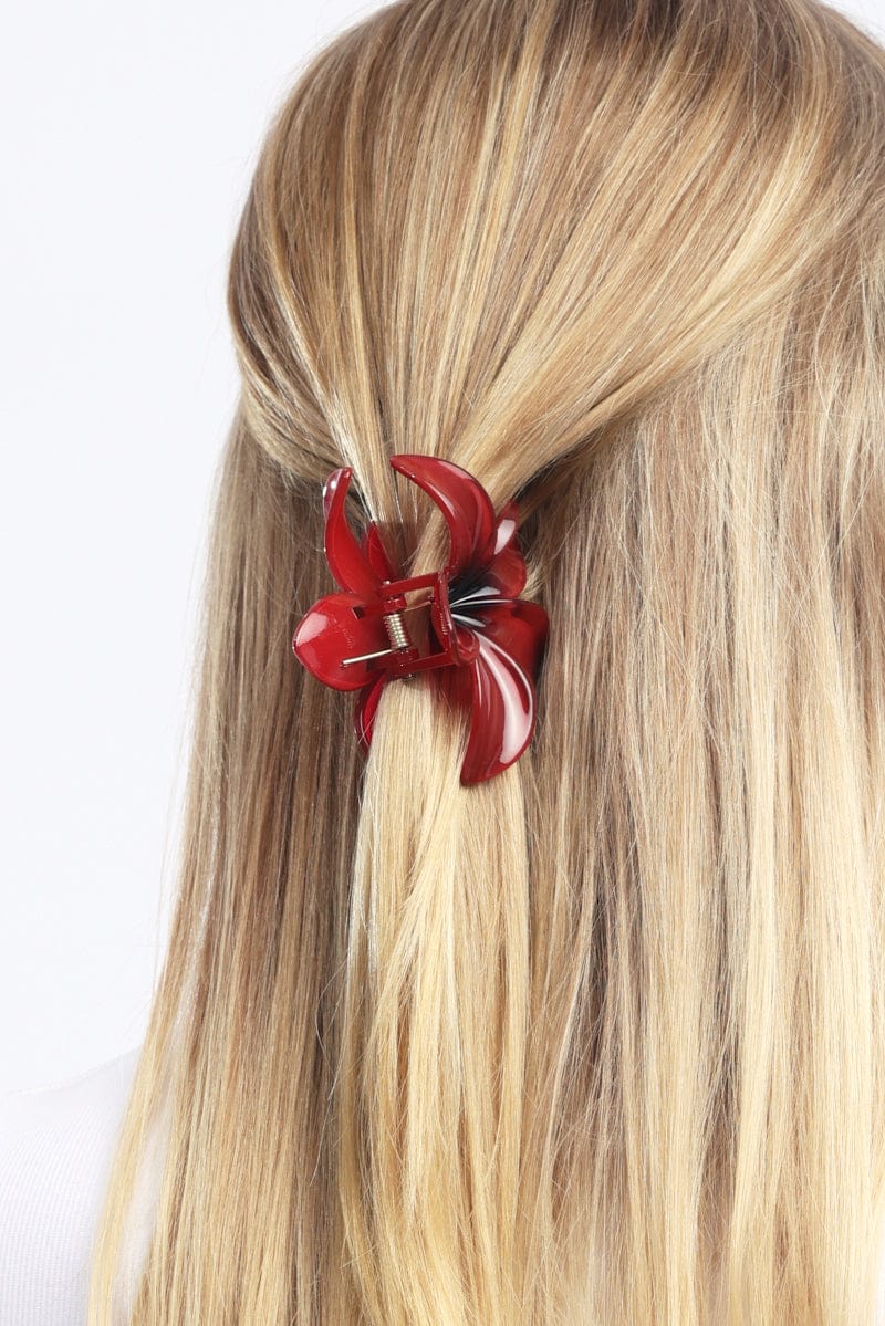 Red Hibiscus Flower Claw Clip