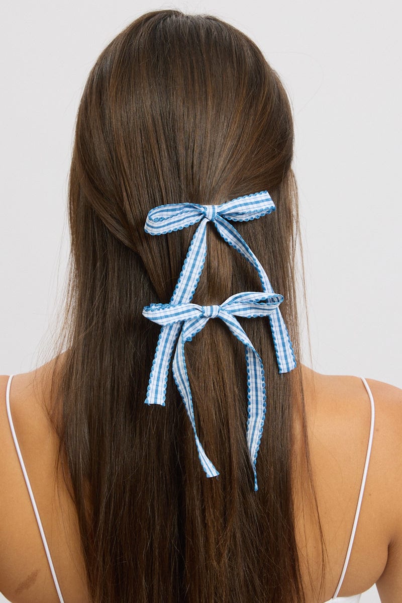 Blue 2 Pack Gingham Ribbon Hair Clips