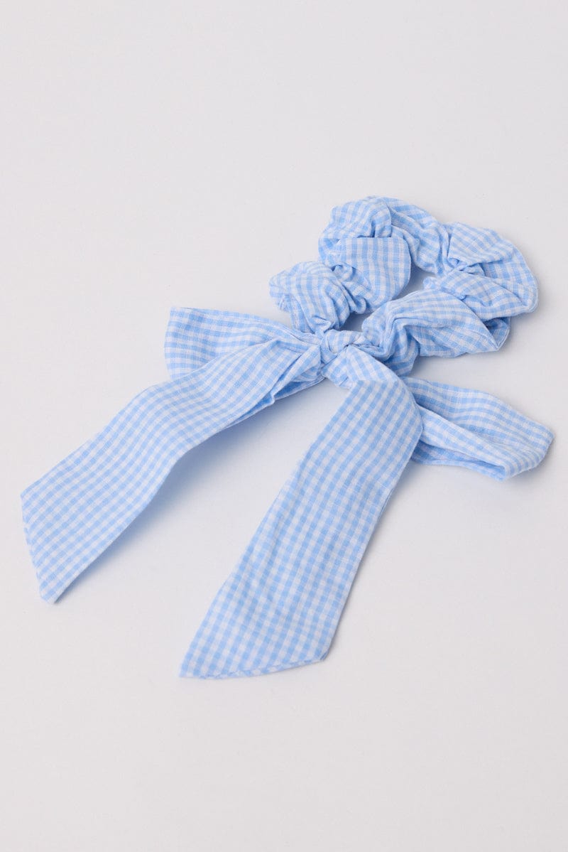 Blue Check Gingham Bow Hair Tie Scrunchie