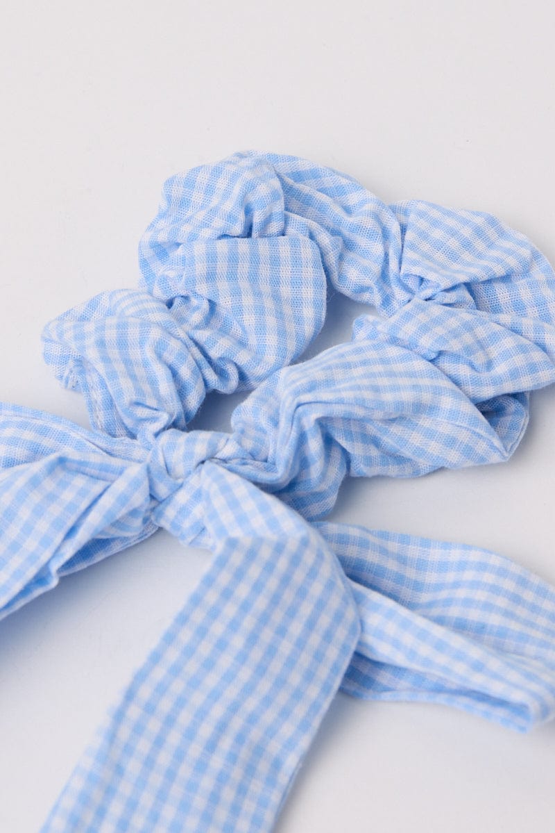 Blue Check Gingham Bow Hair Tie Scrunchie