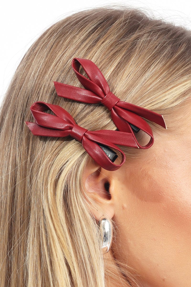 Red 2 Pack Pu Bow Hair Clips