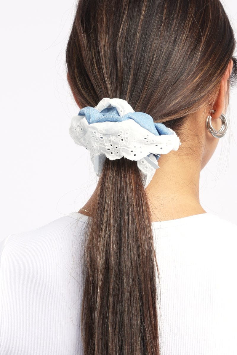 Denim Lace Trim Oversized Scrunchie