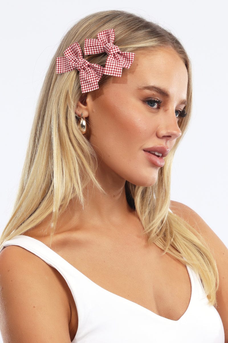 Red Check 2 Pack Bow Hair Clips