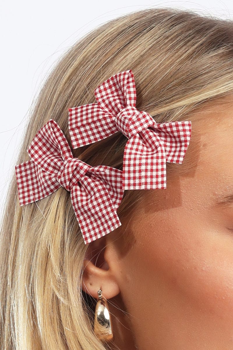 Red Check 2 Pack Bow Hair Clips