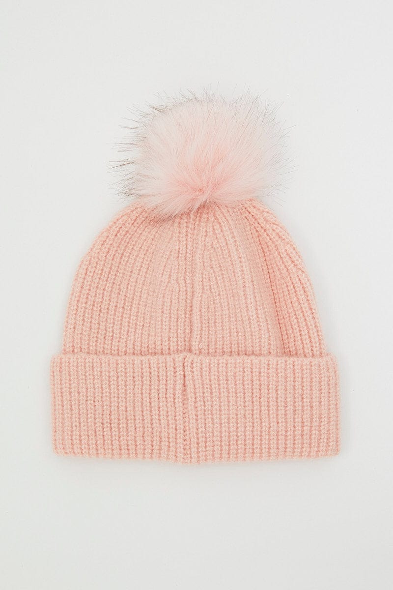 Pink Faux Fur Pom Pom Beanie